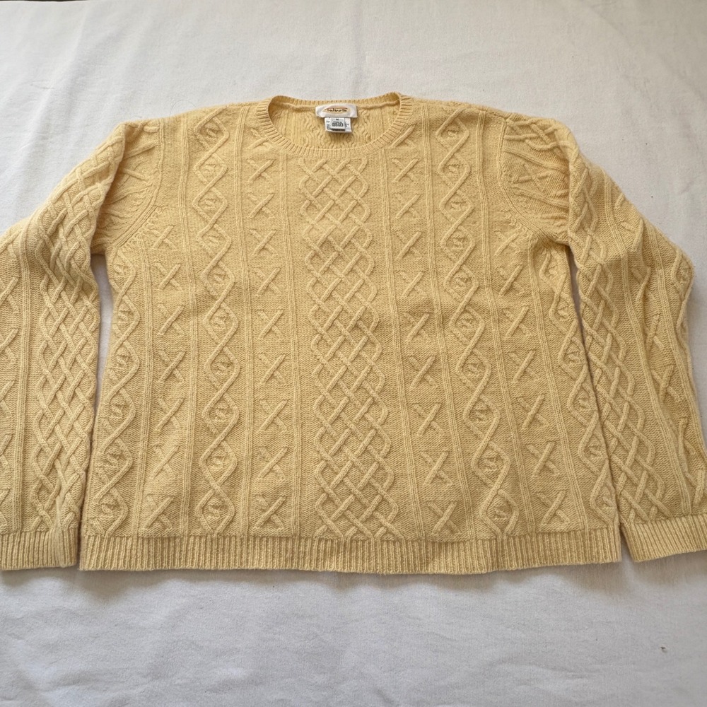 Talbots Womens Yellow Lambswool Blend Cable Knit Crewneck Sweater Size M Vintage